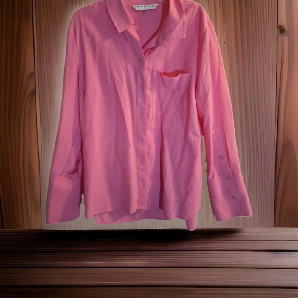 Trina Turk Pink Womens Cotton Blend Medium Blouse Long Sleeve 0067